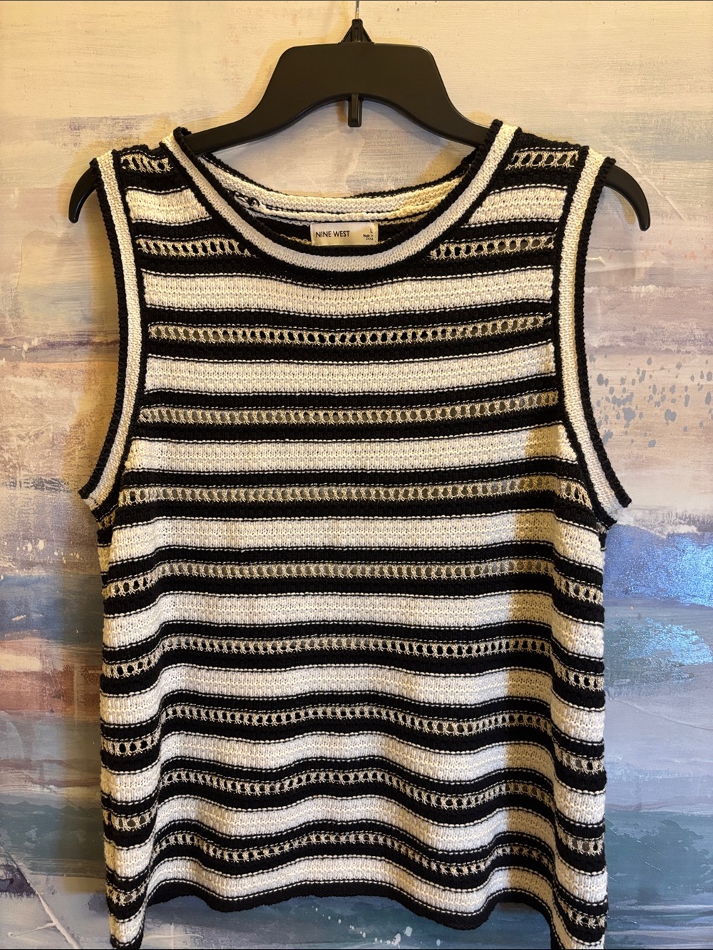 Nine West Black & White Striped Openwork Knit Tank